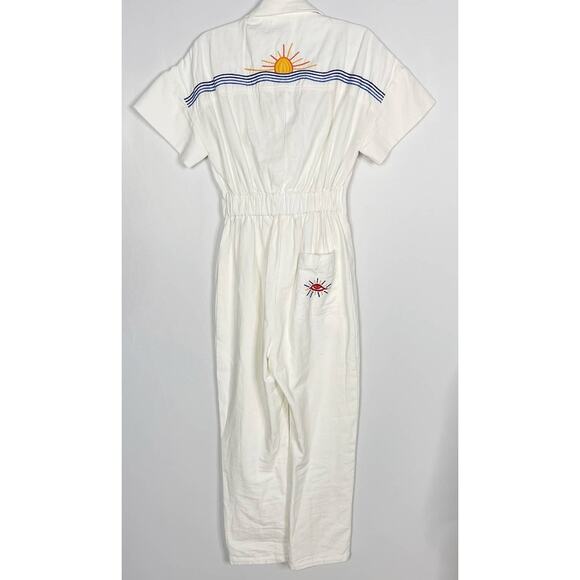 Soludos S White Rialto Tie Waist Jumpsuit Cotton Embroidered Zip Front Cropped - Picture 2 of 16